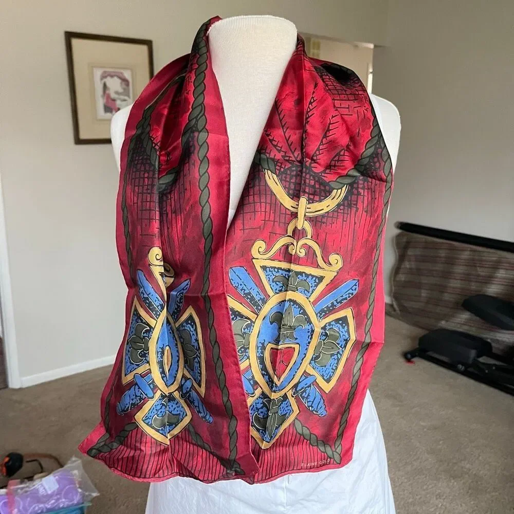 VTG Silk Scarf Elaine Gold Crest Shield Red Gold Equestrian Wrap 50